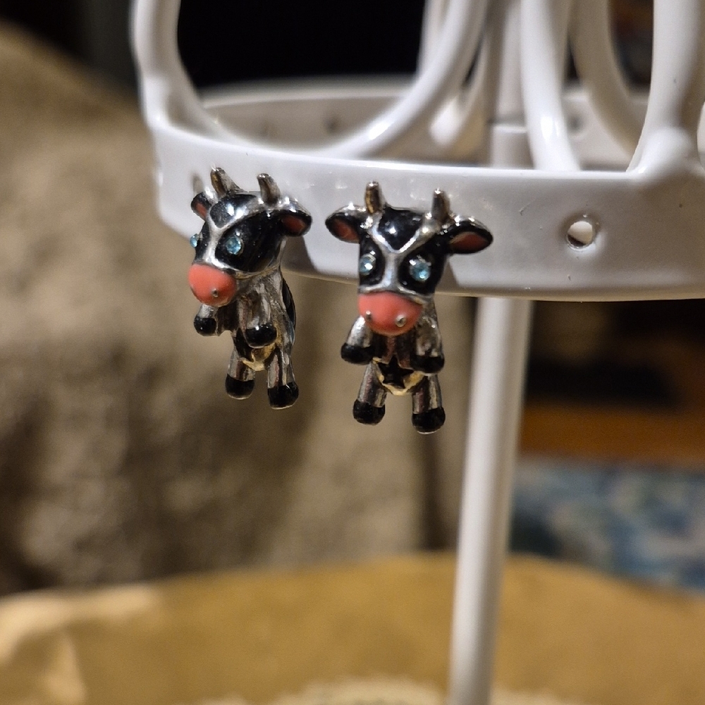 Betsey Johnson Black and White Cow Earrings with Pink Accents - Picture 2 of 4